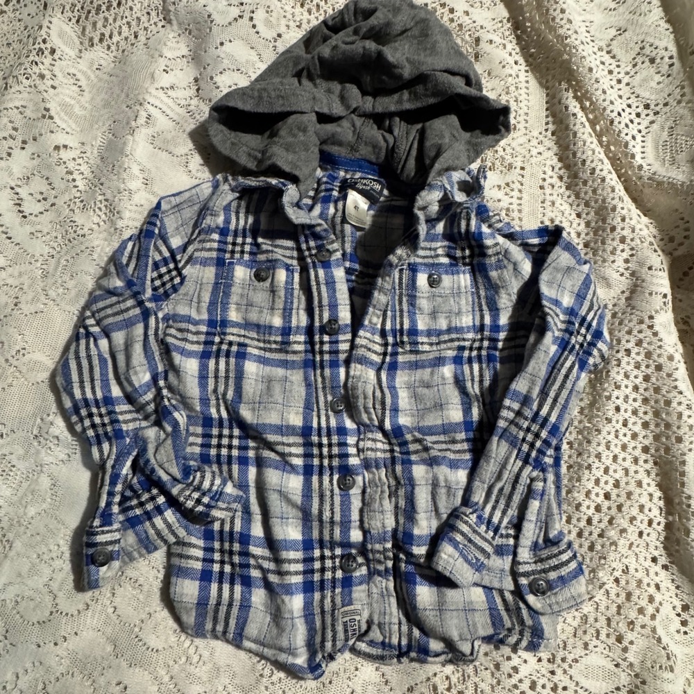 OshKosh B'gosh Boy Plaid Flannel Shirt Hoodie 4T Blue Gray Long Sleeve Button Up